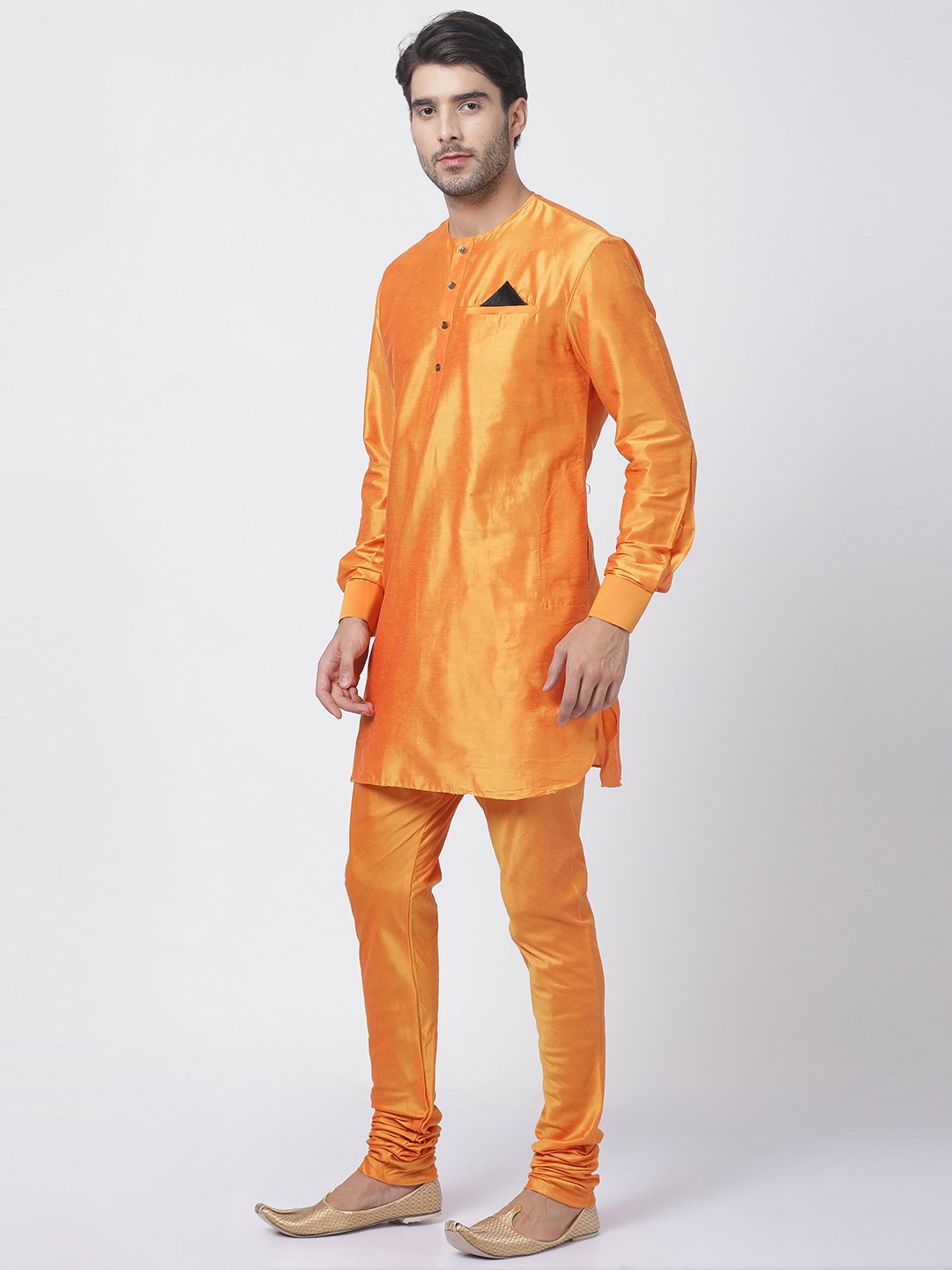 Men's Orange Cotton Blend Kurta and Pyjama Set