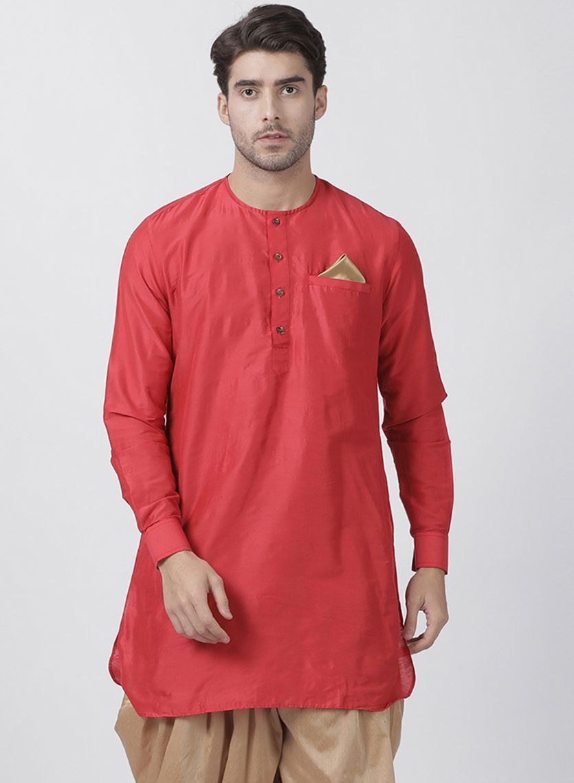 Men's Red Cotton Blend Kurta