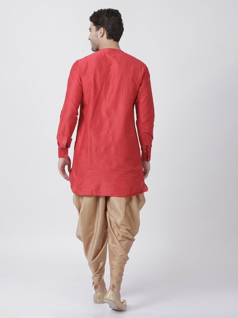 Men's Red Cotton Blend Kurta and Dhoti Pant Set