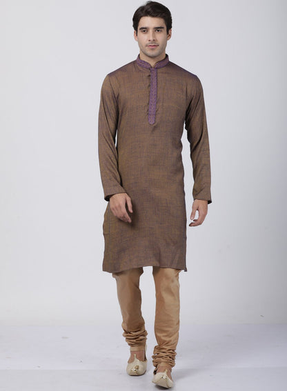 Men's Brown Cotton Blend Kurta and Pyjama Set