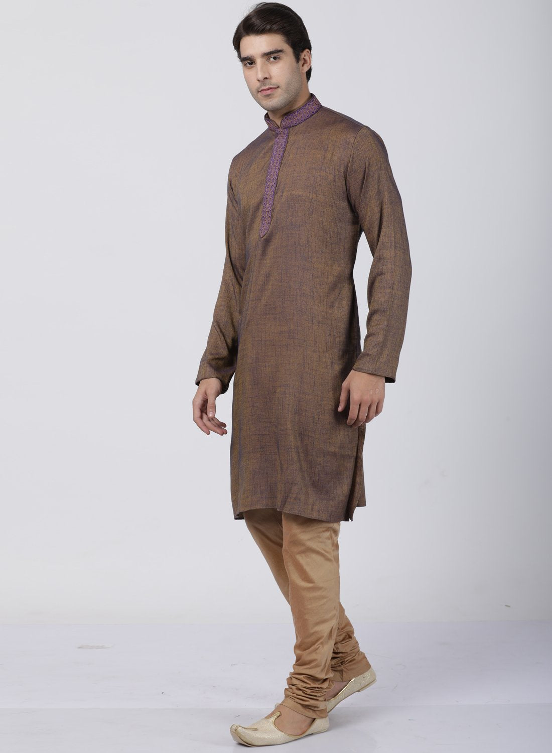 Men's Brown Cotton Blend Kurta and Pyjama Set