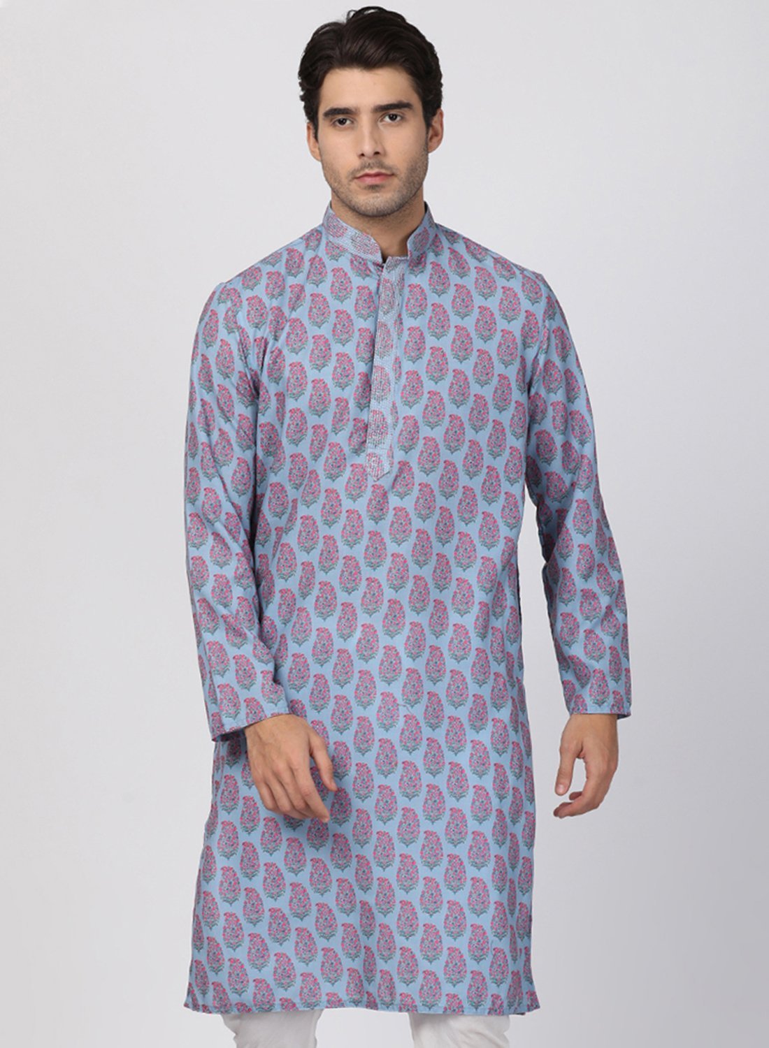 Men's Grey Cotton Blend Kurta