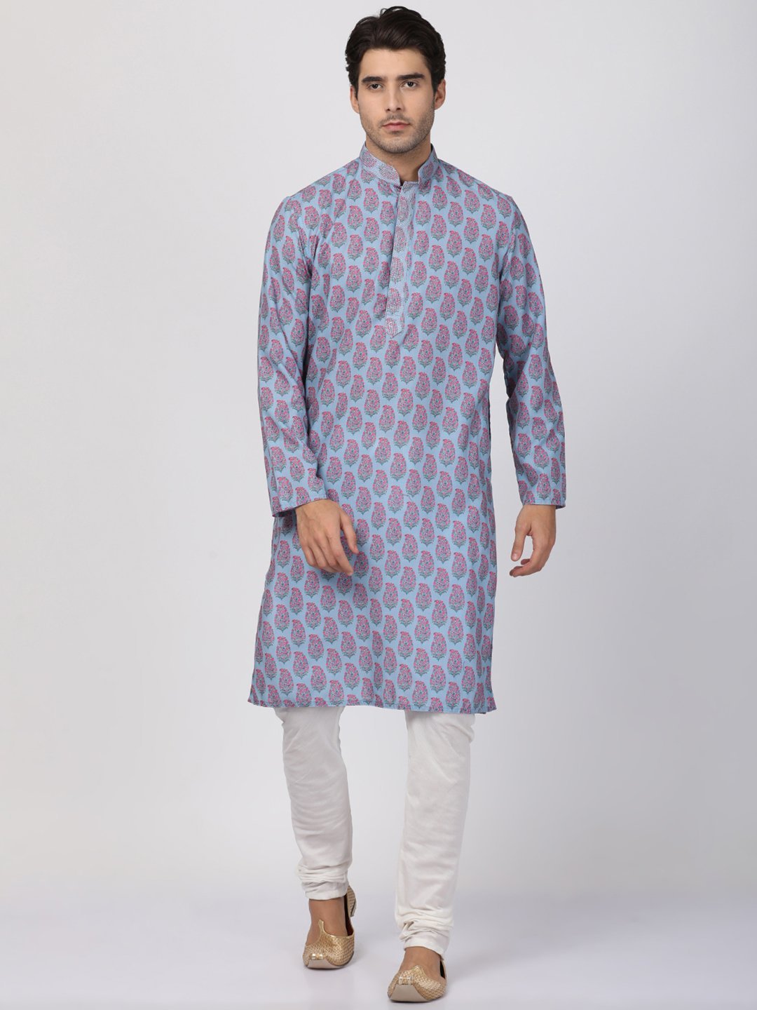 Men's Grey Cotton Blend Kurta and Pyjama Set