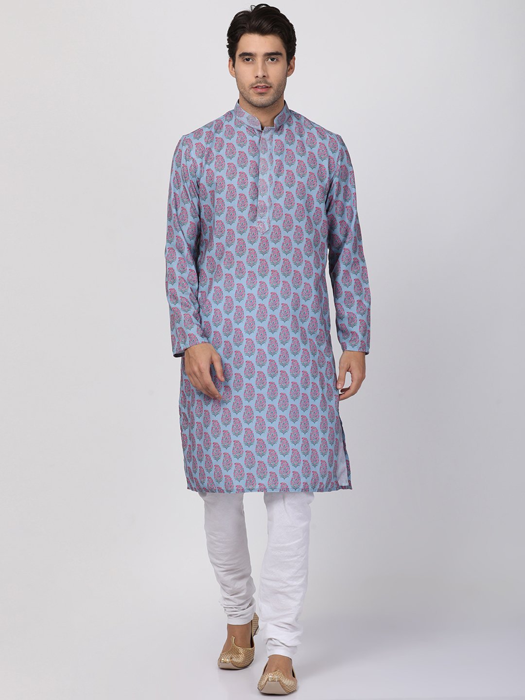 Men's Grey Cotton Blend Kurta and Pyjama Set