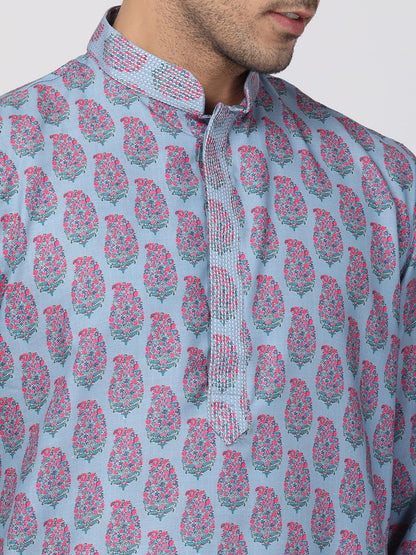 Men's Grey Cotton Blend Kurta and Pyjama Set