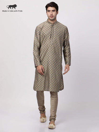 Men's Beige Cotton Silk Blend Kurta and Pyjama Set
