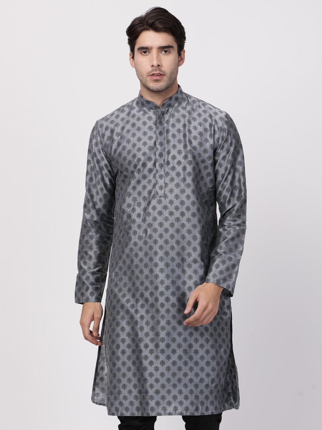 Men's Grey Cotton Silk Blend Kurta