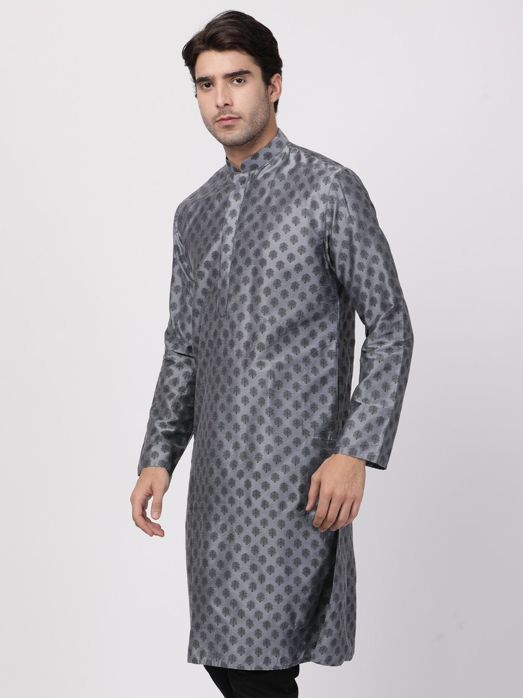 Men's Grey Cotton Silk Blend Kurta