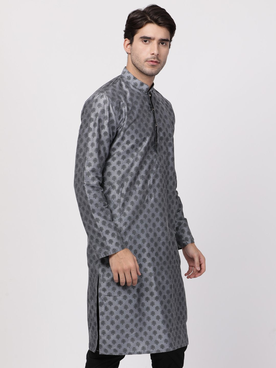 Men's Grey Cotton Silk Blend Kurta