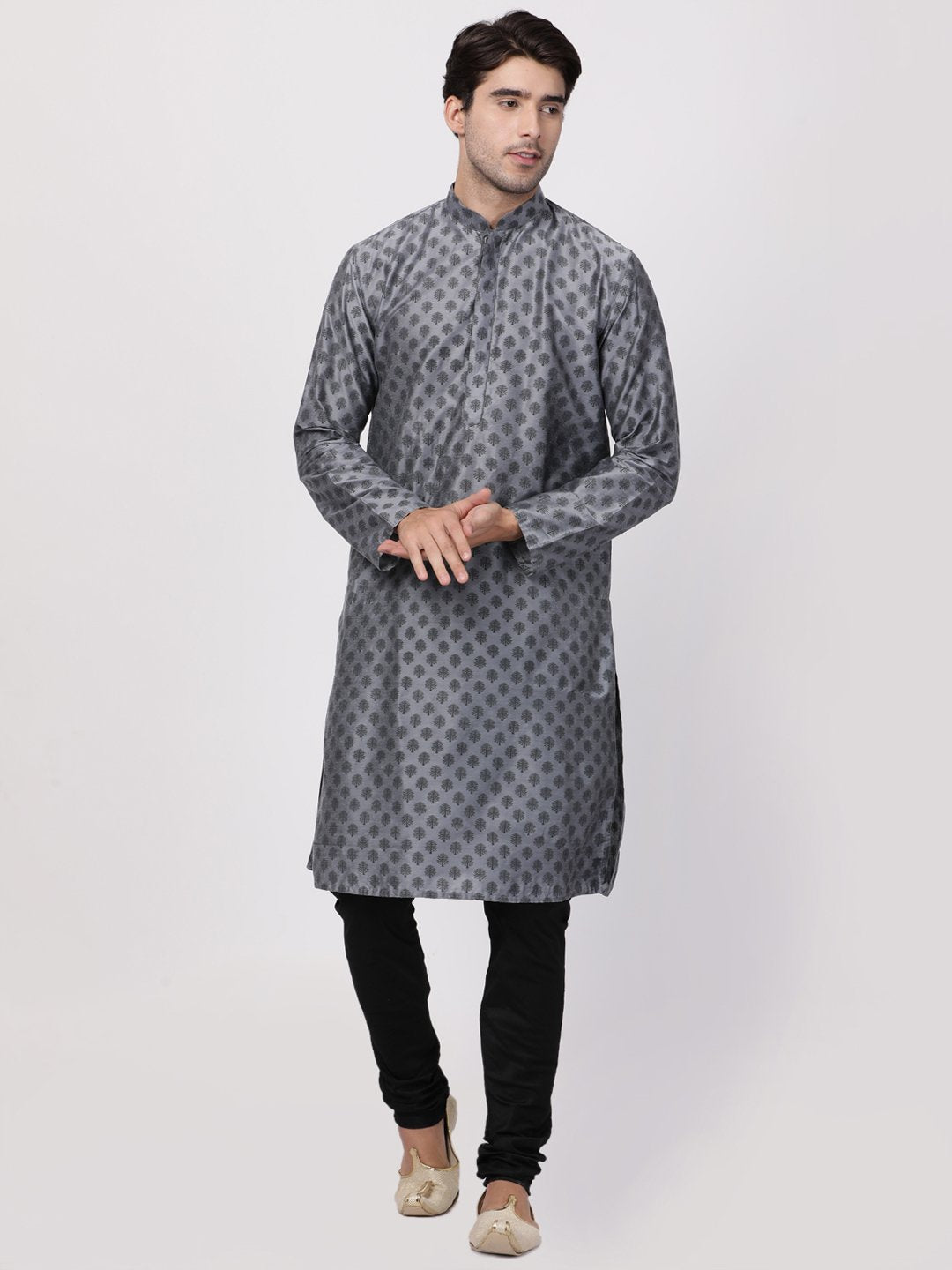 Men's Grey Cotton Silk Blend Kurta