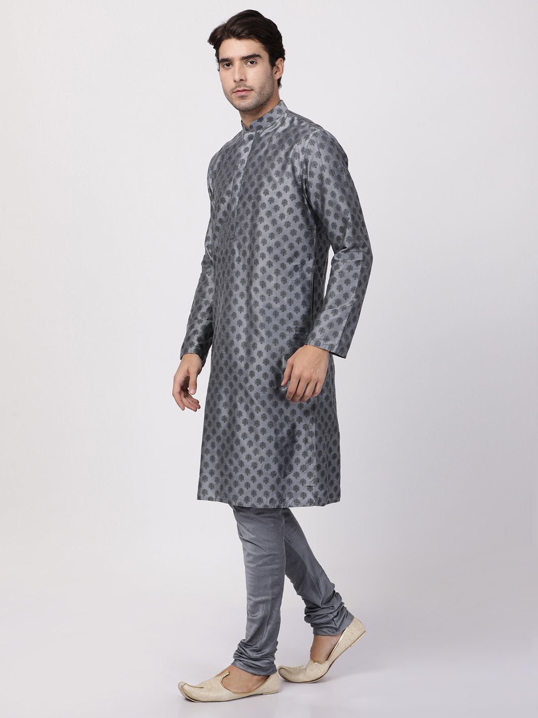 Men's Grey Cotton Silk Blend Kurta and Pyjama Set