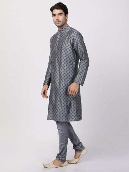 Men's Grey Cotton Silk Blend Kurta and Pyjama Set
