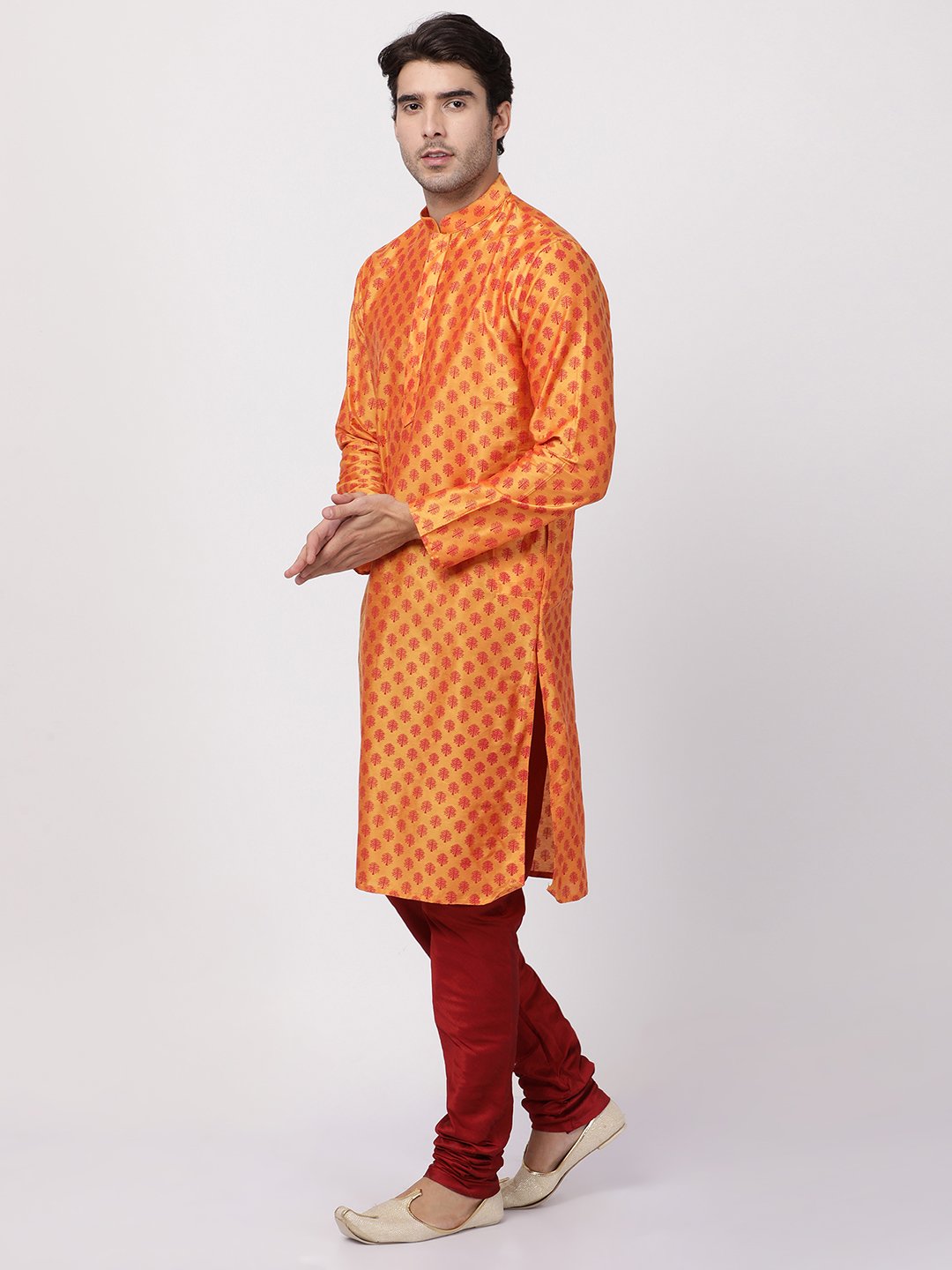 Men's Orange Cotton Silk Blend Kurta and Pyjama Set