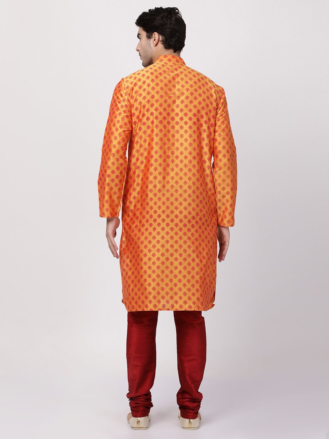 Men's Orange Cotton Silk Blend Kurta and Pyjama Set