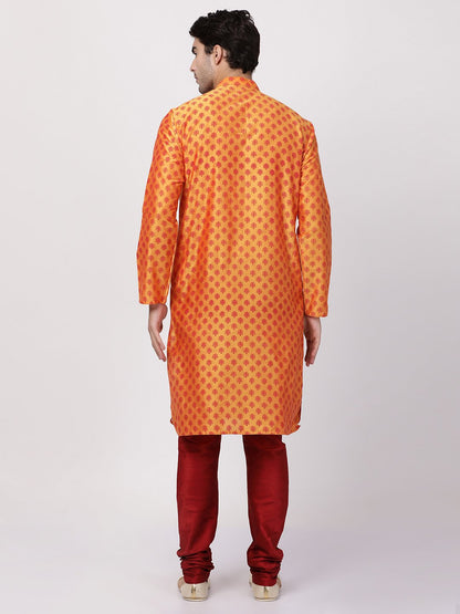 Men's Orange Cotton Silk Blend Kurta and Pyjama Set