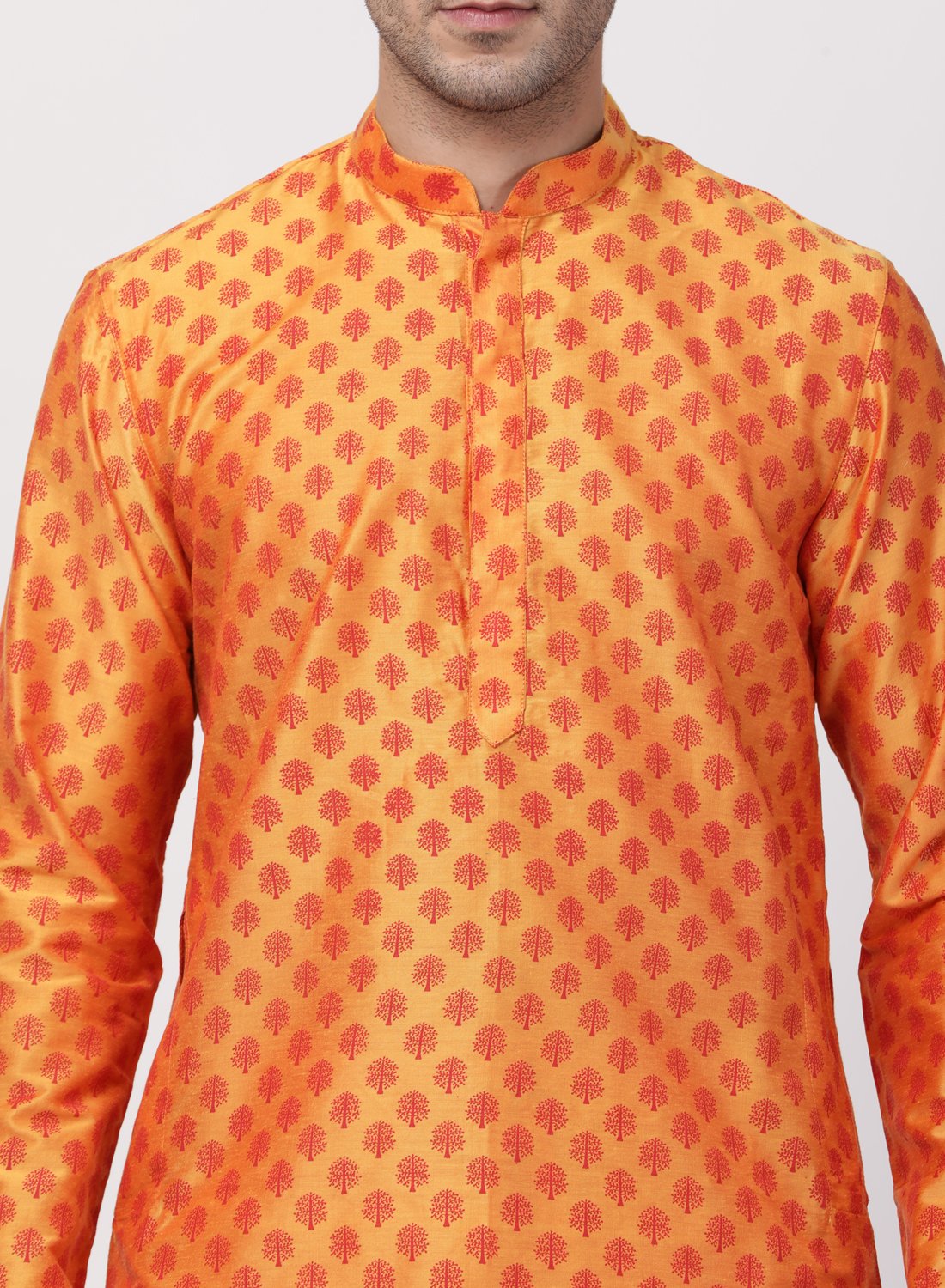 Men's Orange Cotton Silk Blend Kurta and Pyjama Set