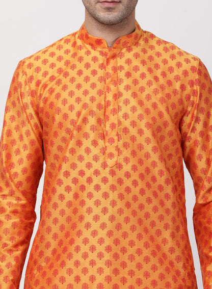 Men's Orange Cotton Silk Blend Kurta and Pyjama Set