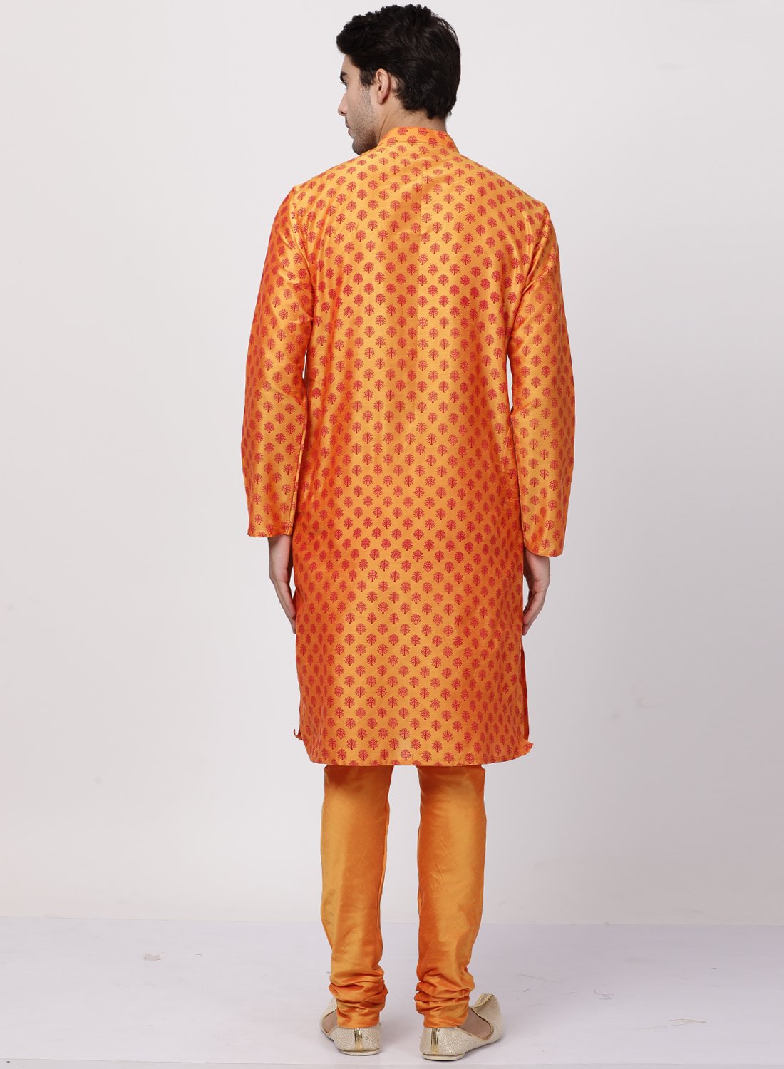 Men's Orange Cotton Silk Blend Kurta and Pyjama Set