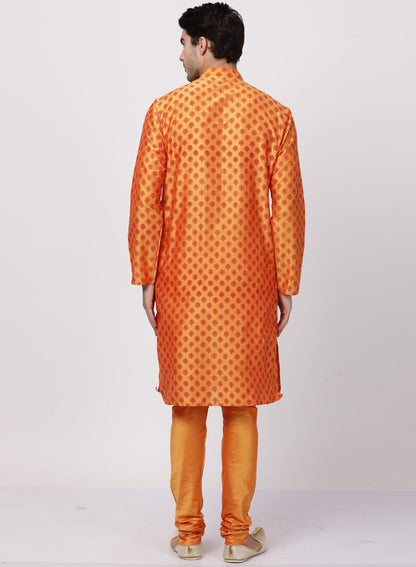 Men's Orange Cotton Silk Blend Kurta and Pyjama Set