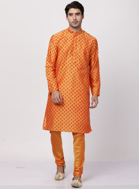 Men's Orange Cotton Silk Blend Kurta and Pyjama Set