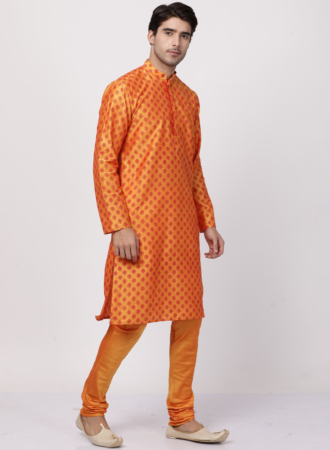 Men's Orange Cotton Silk Blend Kurta and Pyjama Set