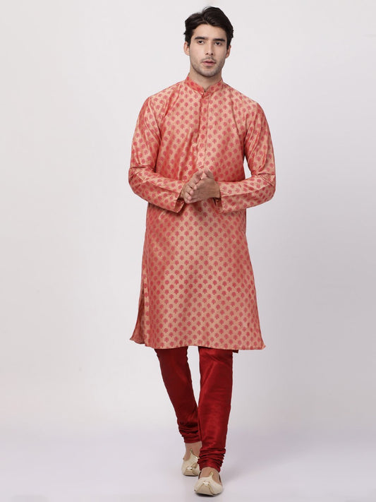 Men's Pink Cotton Silk Blend Kurta and Pyjama Set