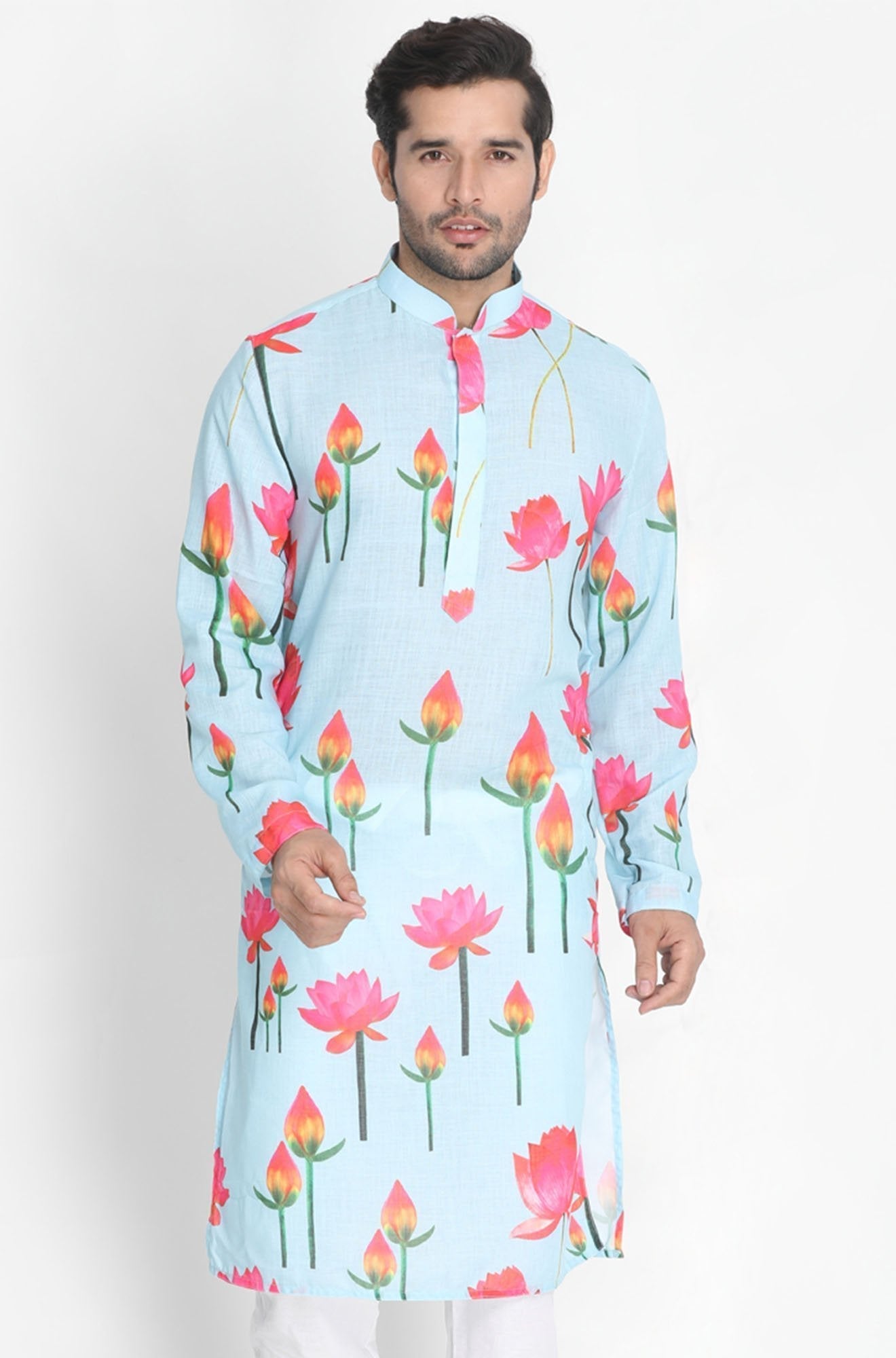 Men's Light Blue Cotton Blend Kurta