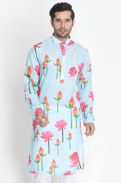 Men's Light Blue Cotton Blend Kurta