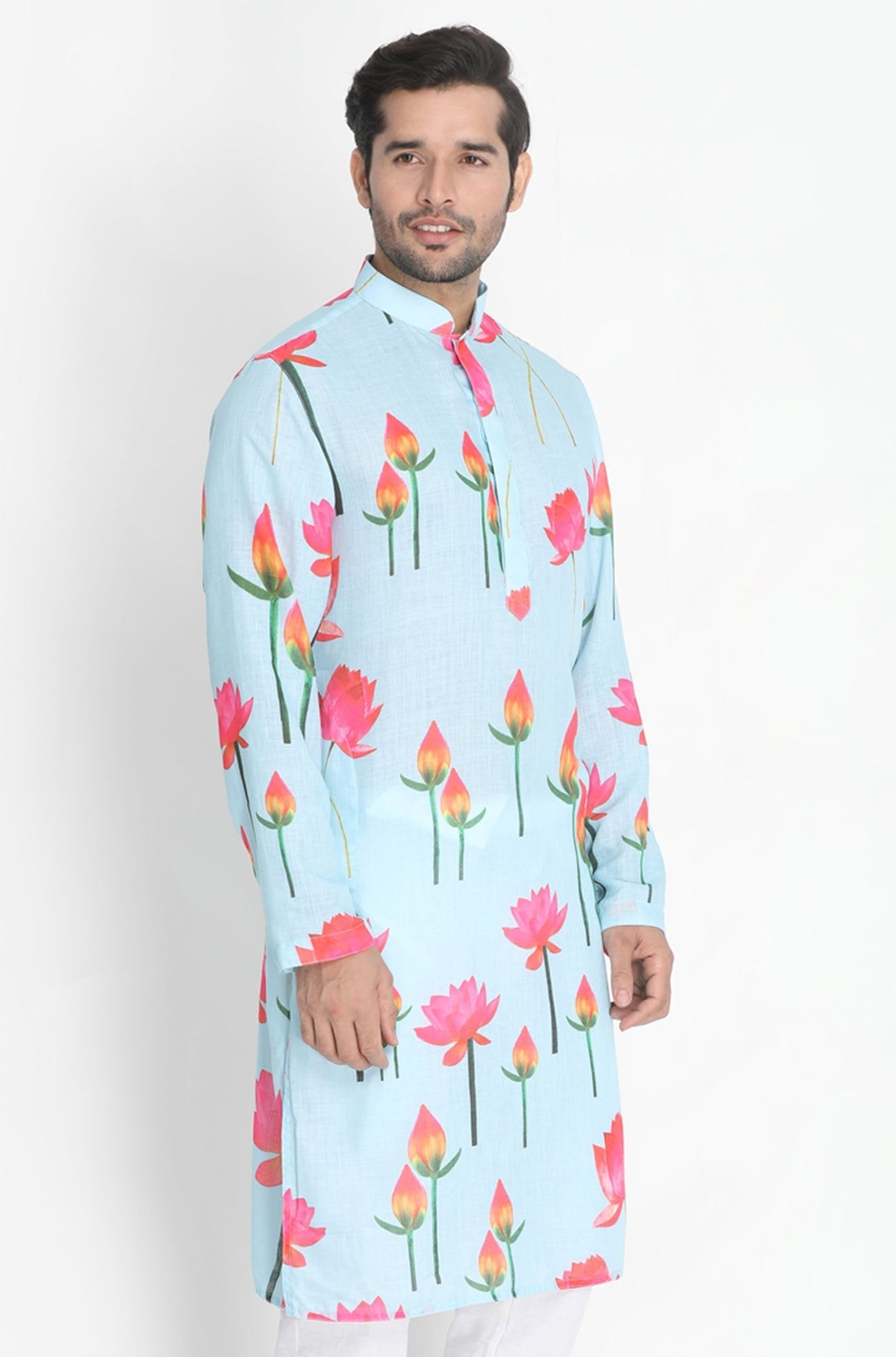 Men's Light Blue Cotton Blend Kurta