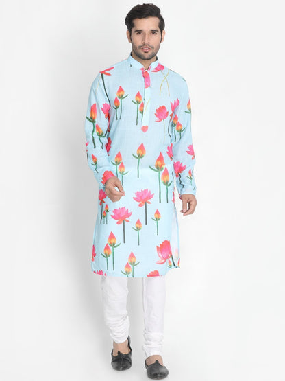 Men's Light Blue Cotton Blend Kurta