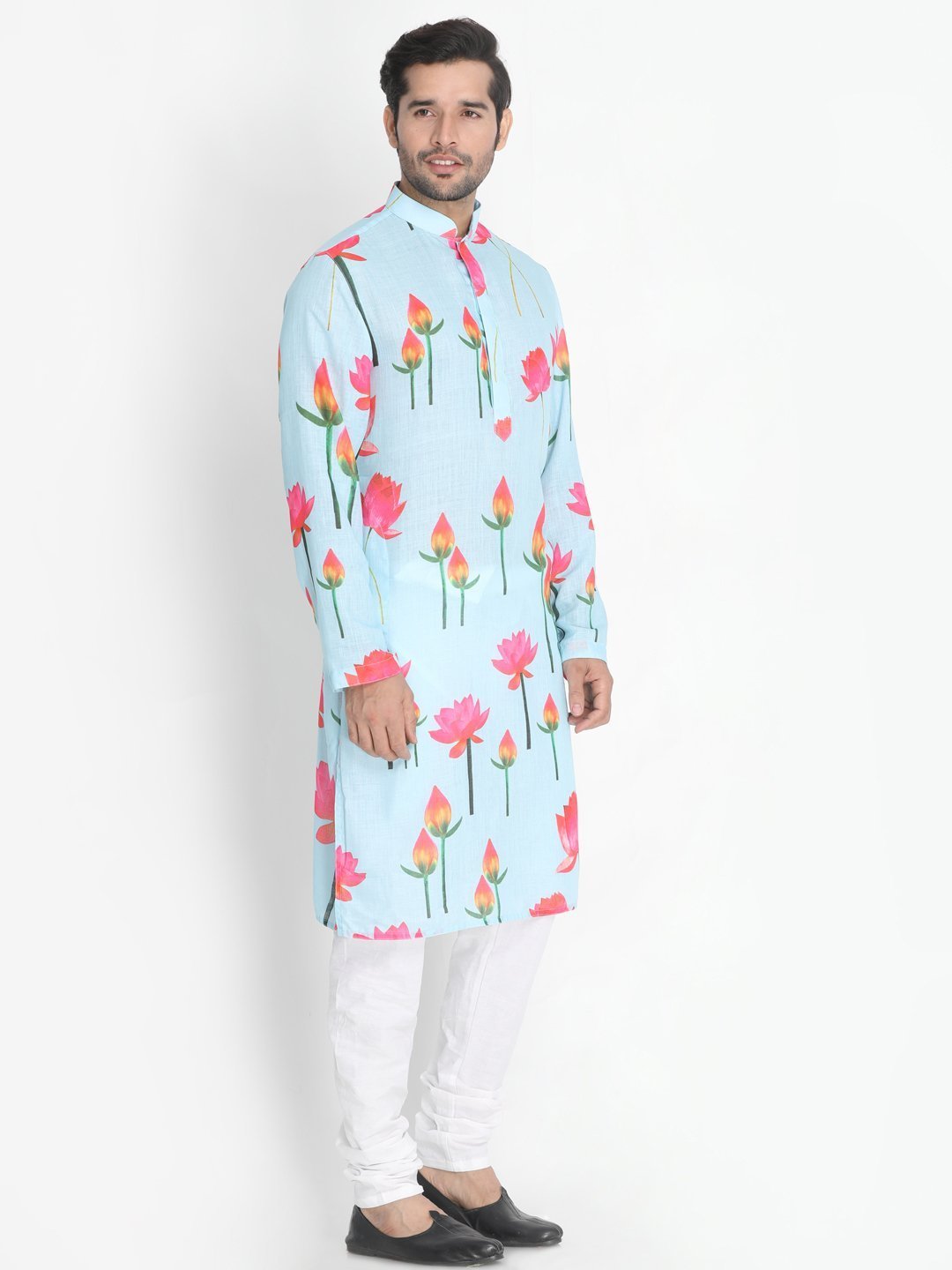 Men's Light Blue Cotton Blend Kurta and Pyjama Set