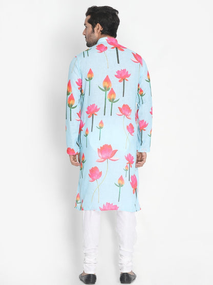Men's Light Blue Cotton Blend Kurta and Pyjama Set
