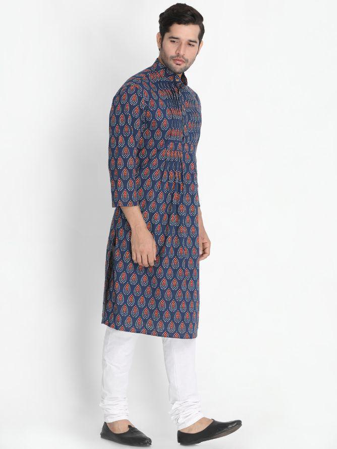Men's Dark Blue Cotton Kurta and Pyjama Set
