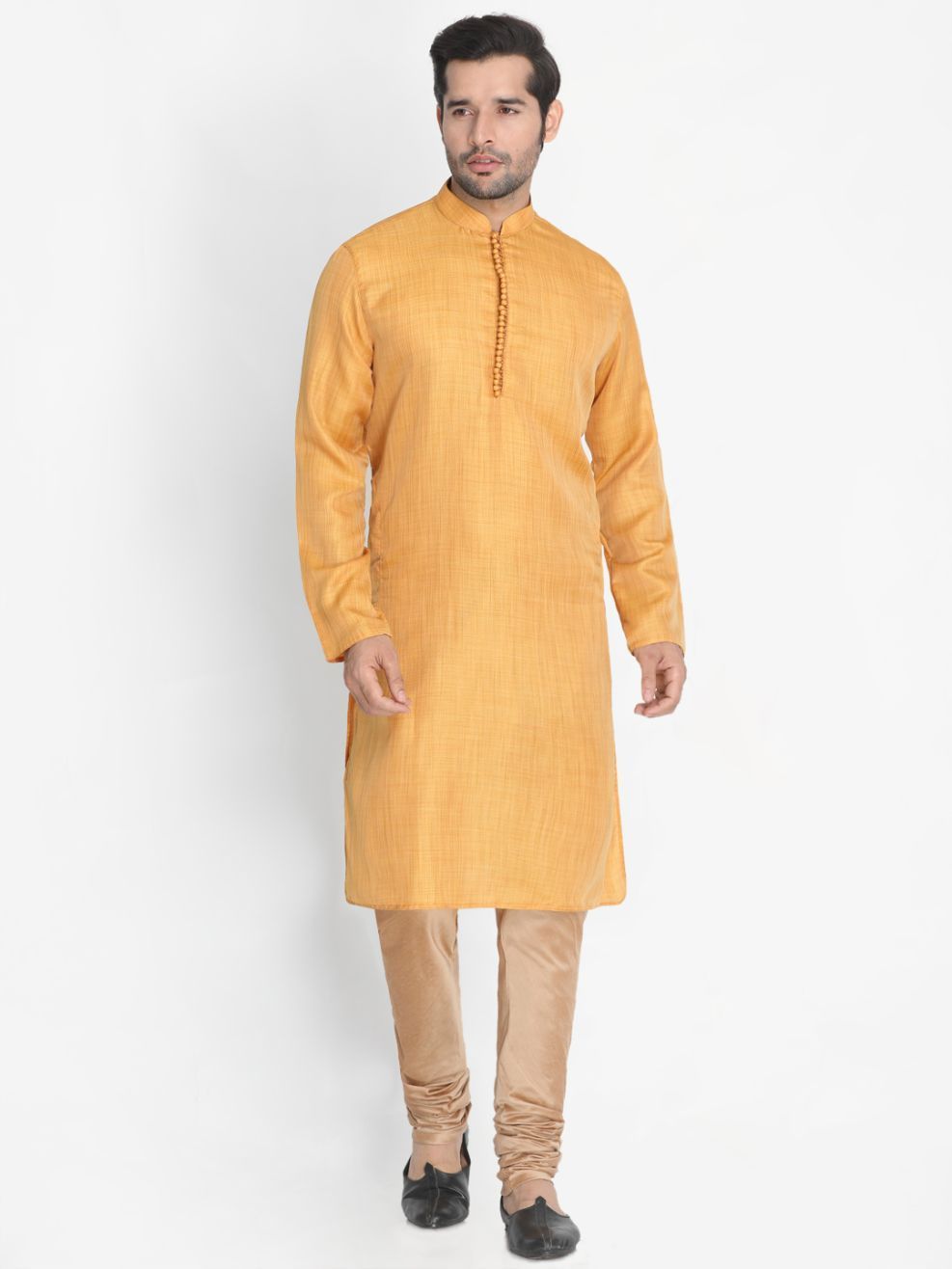 Men's Yellow Cotton Silk Blend Kurta and Pyjama Set
