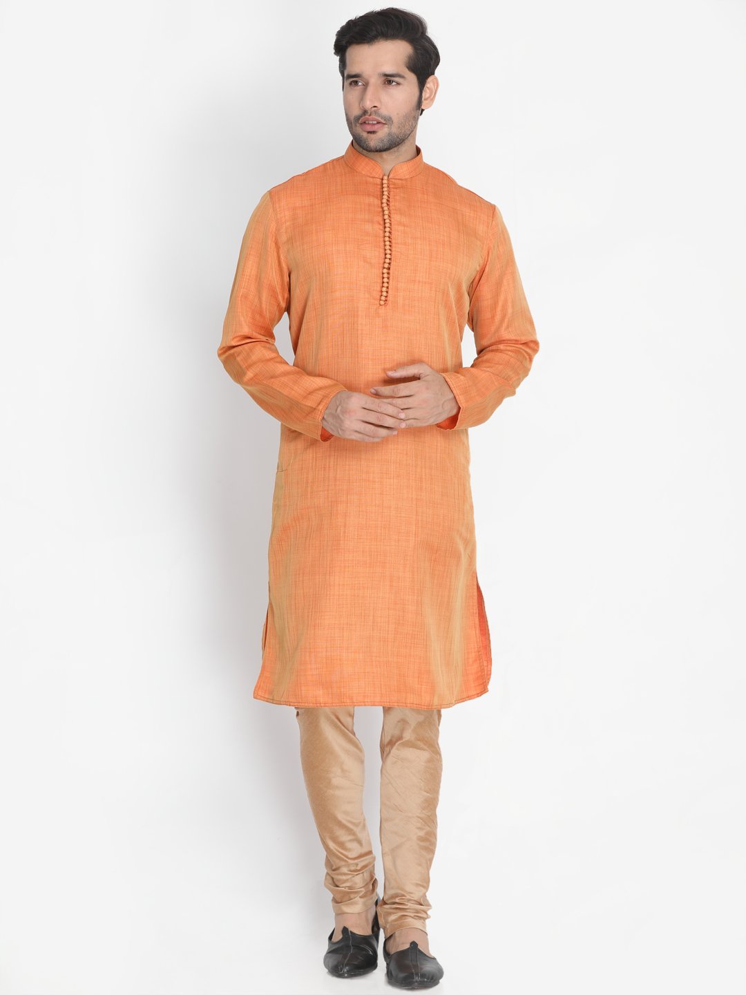 Men's Orange Cotton Silk Blend Kurta