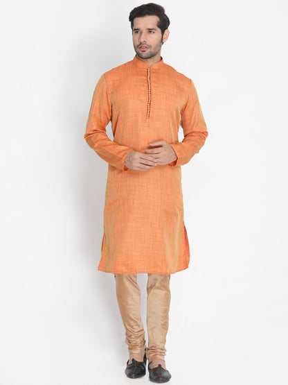 Men's Orange Cotton Silk Blend Kurta