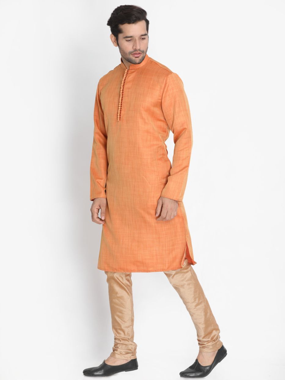 Men's Orange Cotton Silk Blend Kurta and Pyjama Set