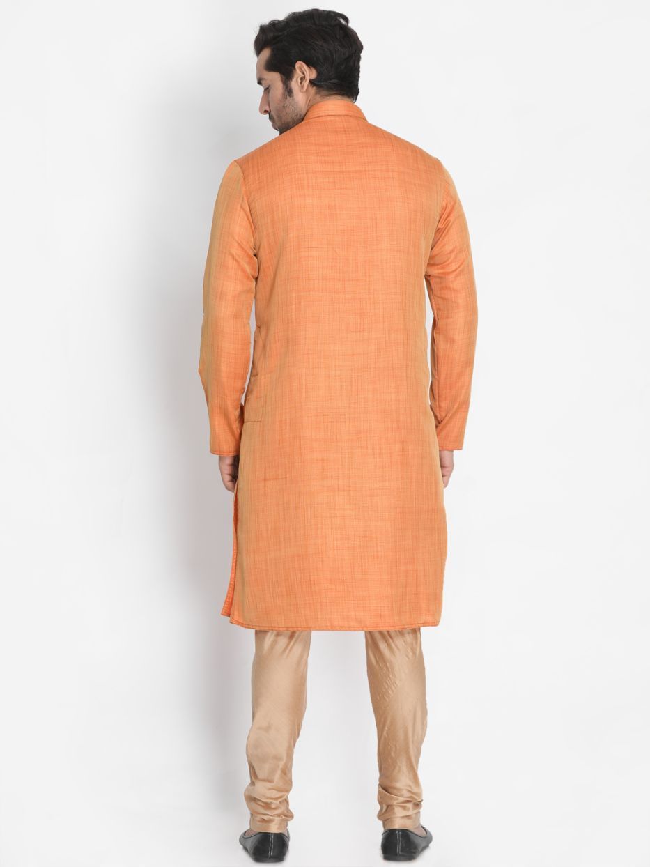 Men's Orange Cotton Silk Blend Kurta and Pyjama Set