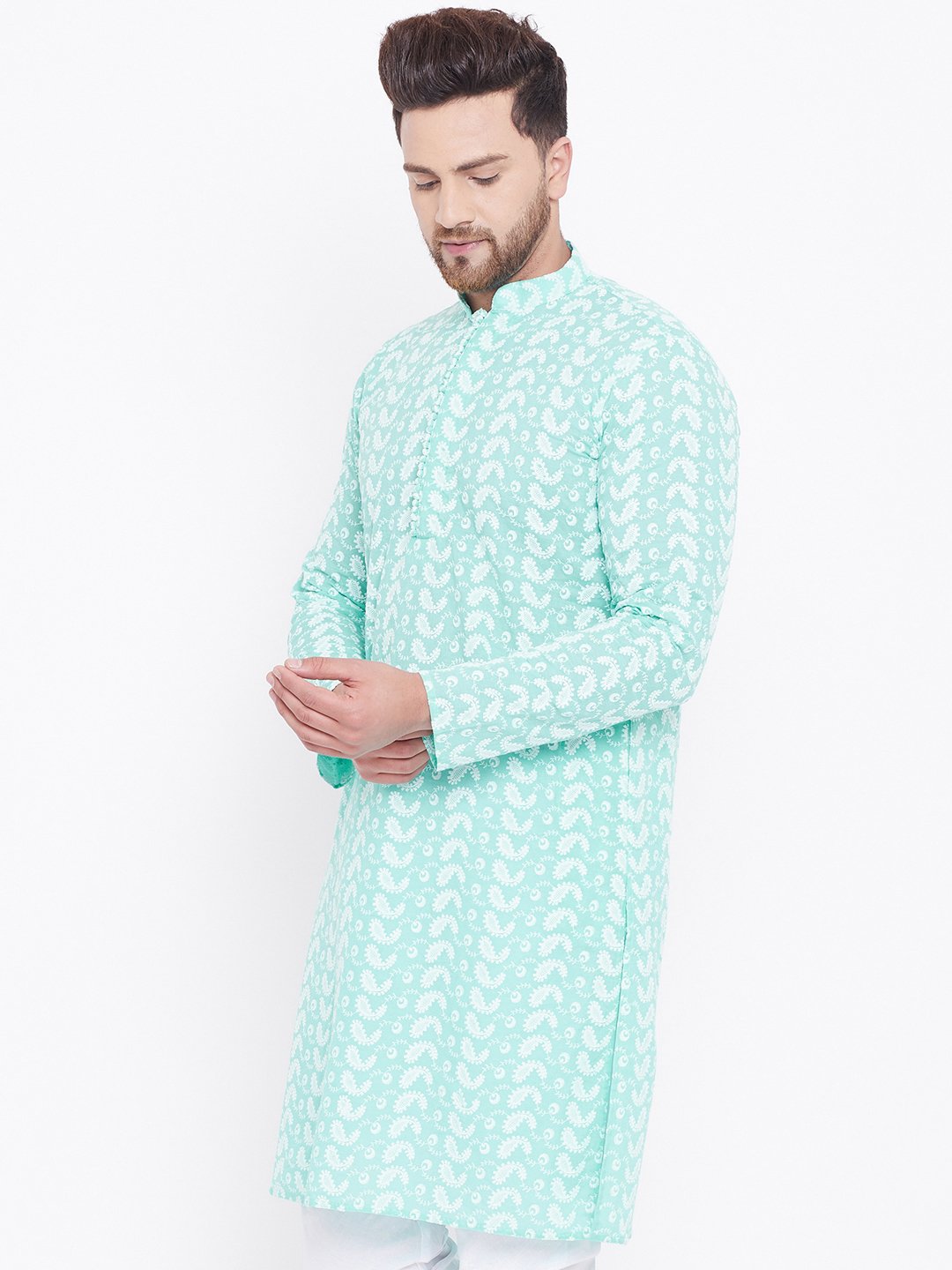 Men's Green Cotton Chikankari Kurta