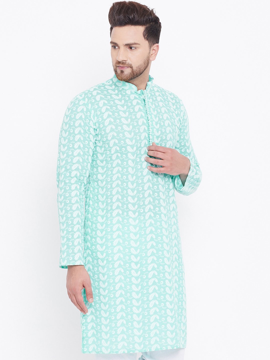 Men's Green Cotton Chikankari Kurta