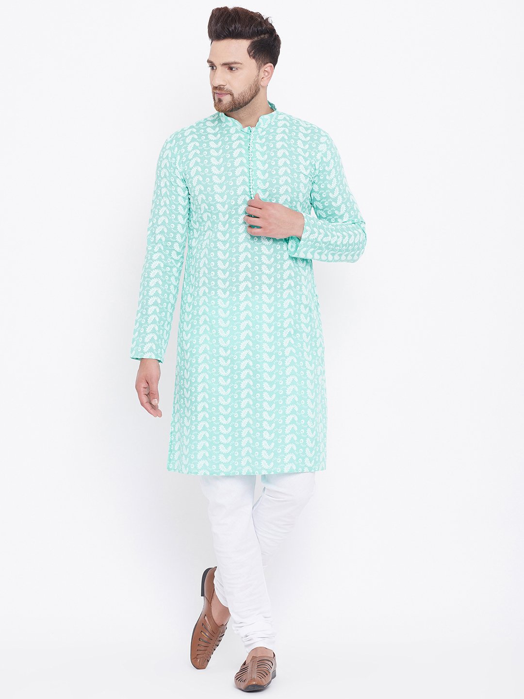 Men's Green Cotton Chikankari Kurta