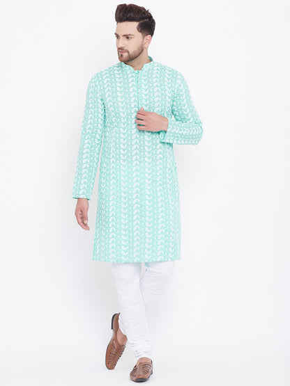 Men's Green Cotton Chikankari Kurta