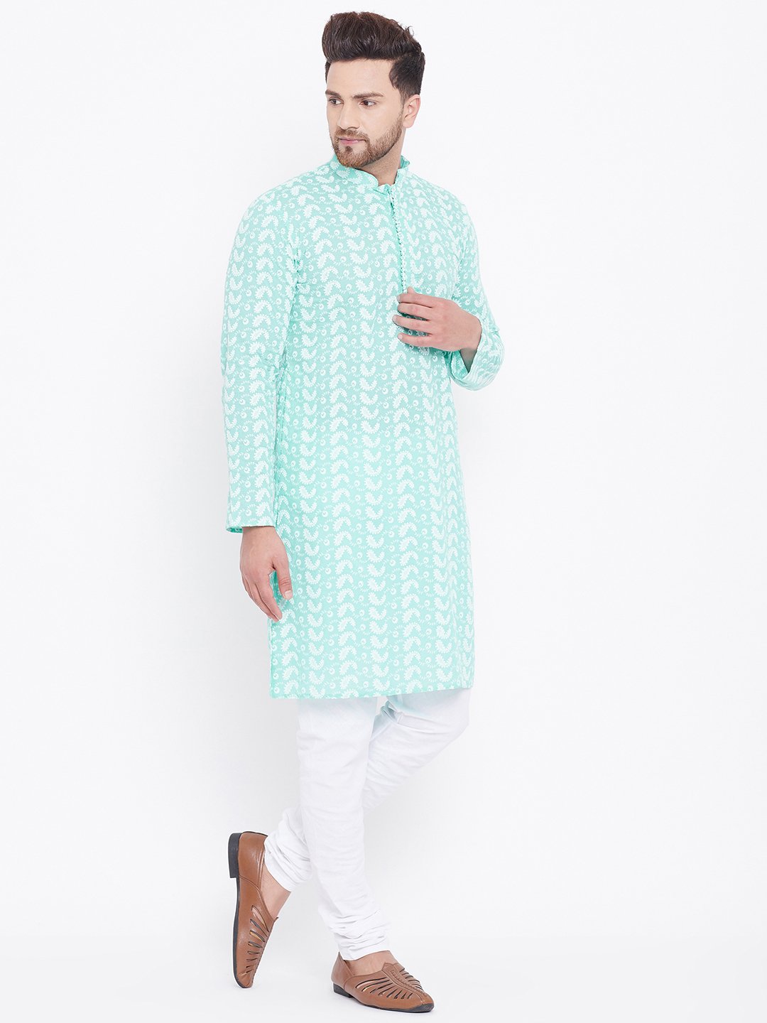 Men's Green and White Chikankari Kurta Pyjama Set
