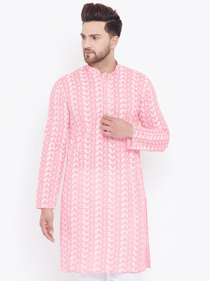 Men's Pink Cotton Chikankari Kurta