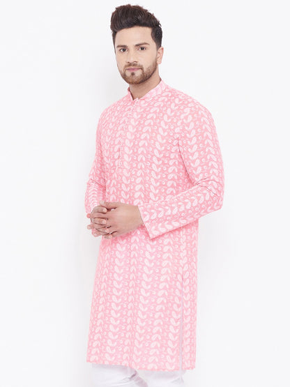 Men's Pink Cotton Chikankari Kurta