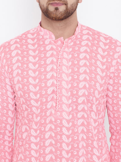 Men's Pink Cotton Chikankari Kurta