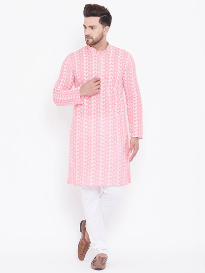 Men's Pink Cotton Chikankari Kurta