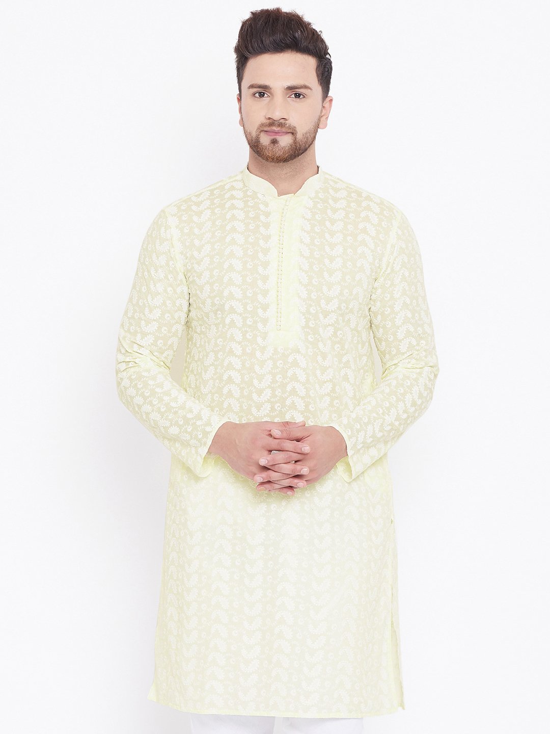 Men's Yellow Cotton Chikankari Kurta