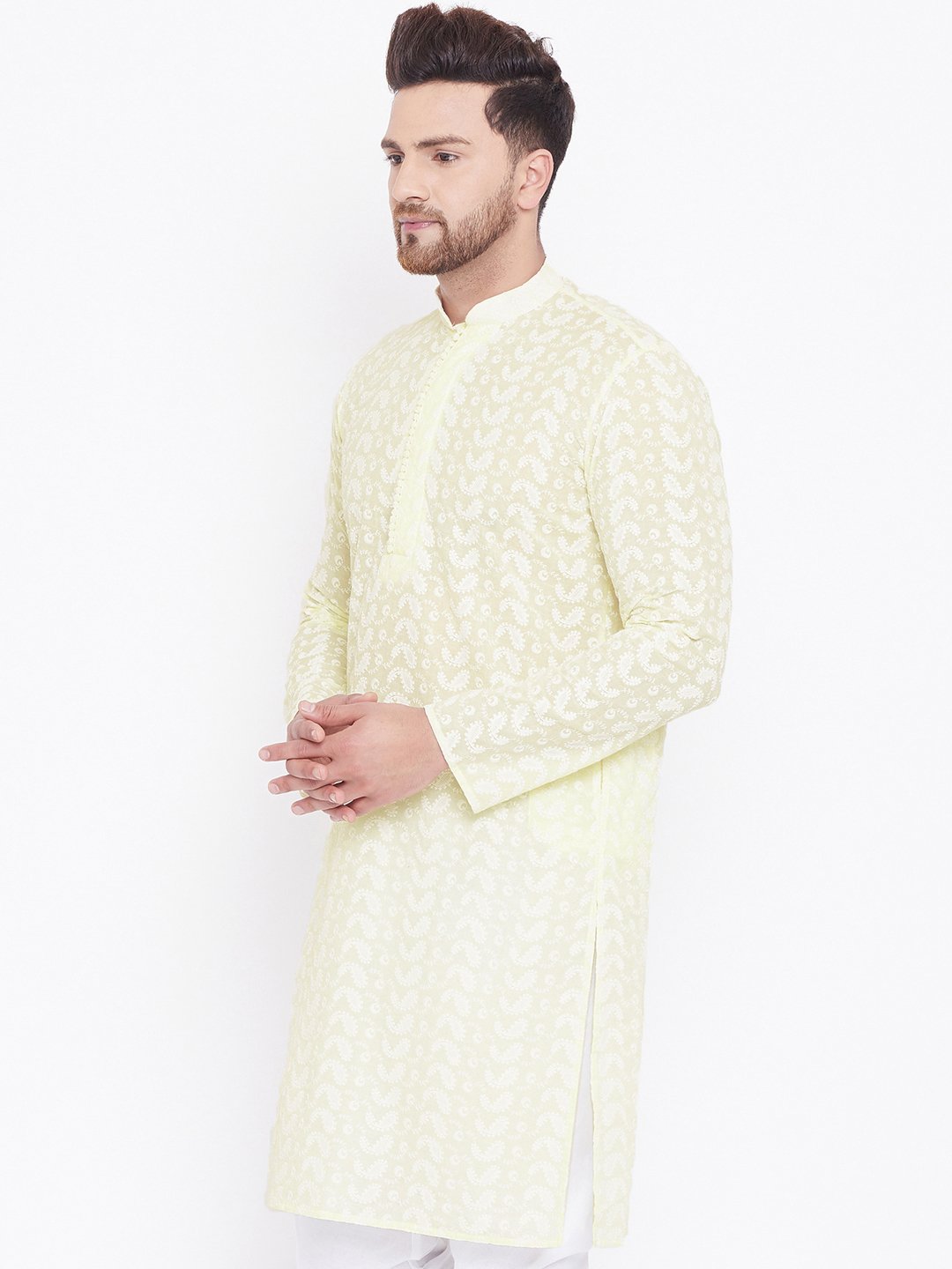 Men's Yellow Cotton Chikankari Kurta