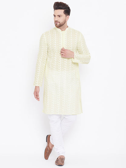 Men's Yellow Cotton Chikankari Kurta